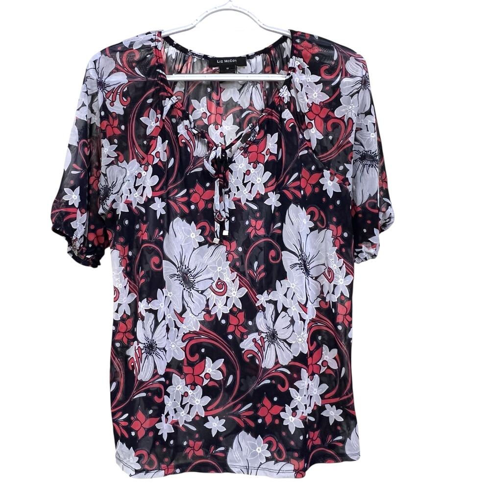 Liz McCoy Floral Mesh Top Womens Medium Black Red Sheer Stretch